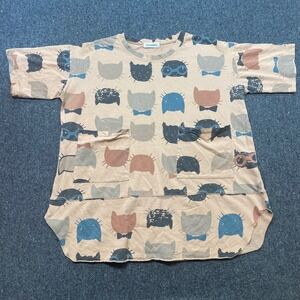 Mordenmiss Cat Print TShirt Sz L Womens Tan Boho Artsy Oversized Pocket Tunic‎